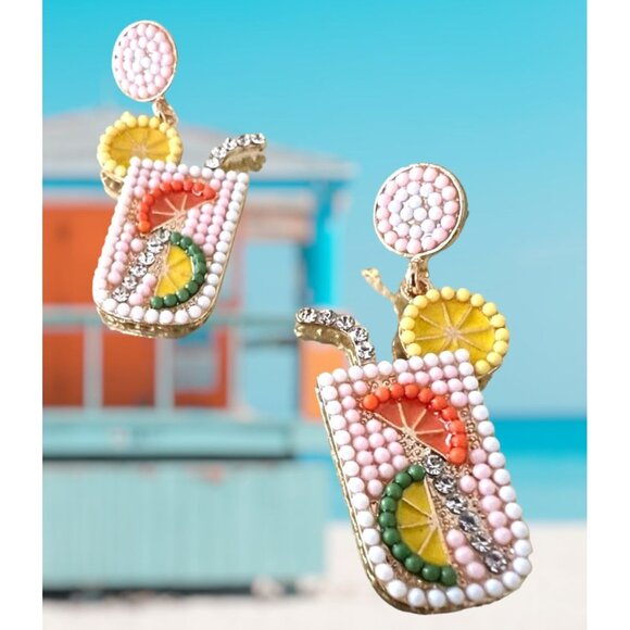 Tropical Cocktail Earrings Beaded Dangle Posts Lemon Lime Cruise Island … - Picture 5 of 12